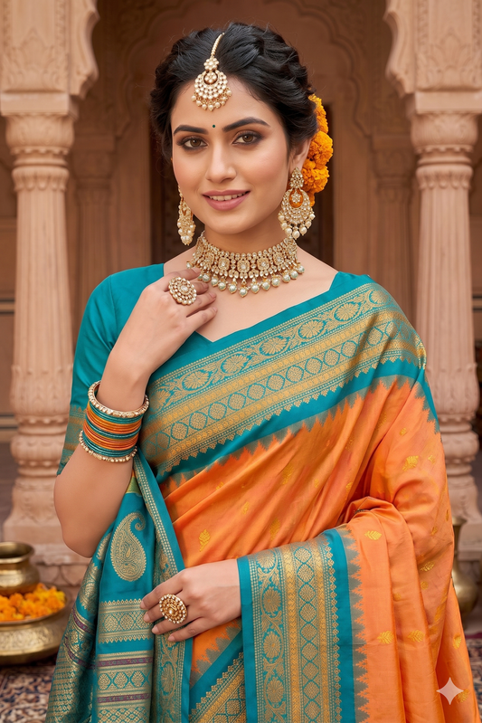 Orange Gadwal Silk Sarees With Unstiched Blouse