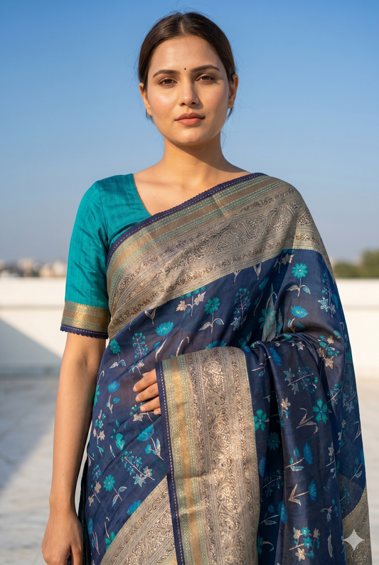 Navy Blue Printed Munga Silk Saree, With Unstiched Blouse