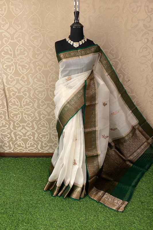 Off-White Kora Banarasi Silk Saree With Hand Weving Work, With Unstiched Blouse