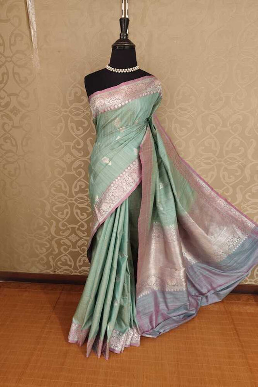 Firozi Munga Banarasi Silk Saree, With Unstiched Blouse