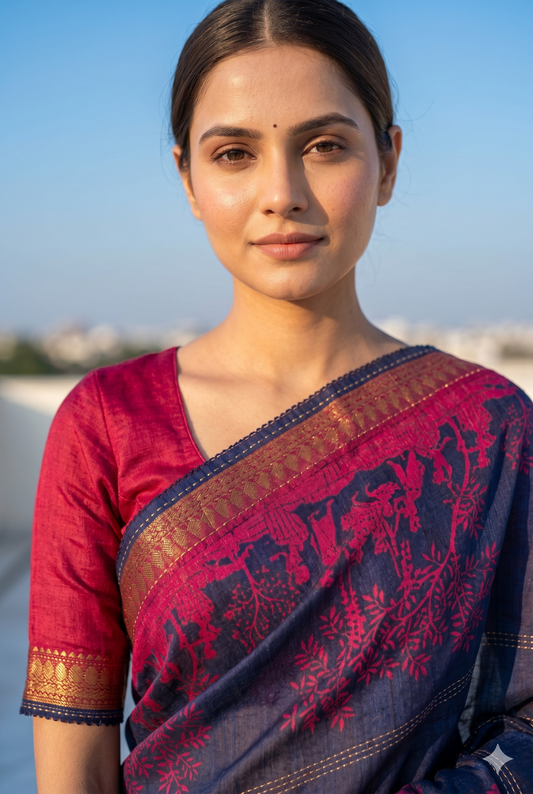 Navy Blue Printed Munga Silk Saree, With Unstiched Blouse