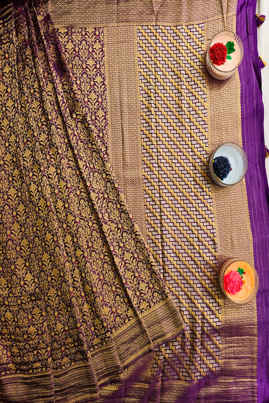 Purple Semi Minakari Brocade Silk Saree, With Unstiched Blouse
