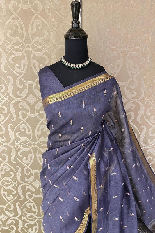 Deep blue Pure Linen Kashmiri work saree with intricate embroidery and matching unstiched blouse, traditional wear by Saarang Sarees.