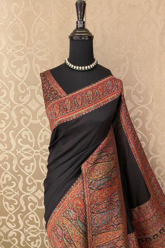Black Pure Kani Handloom Silk Saree With Floral Woven Blouse