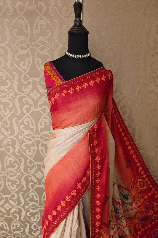 Off-White Tussar Hand Embroidery Work Saree, With Unstitched Blouse
