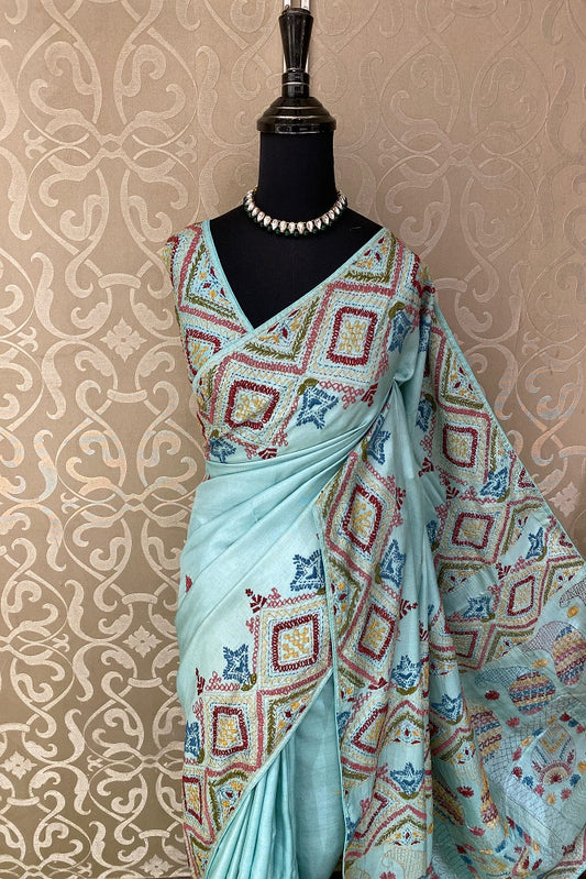 Sky Tussar Saree With Lambani Work, With Unstitched Blouse - Saarang Sarees