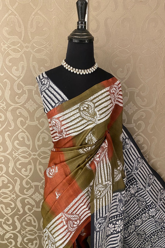 Olive green and burnt orange Tussar embroidery saree with Kantha work border and unstitched blouse, traditional wear by Saarang Sarees