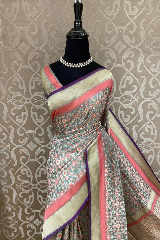 Greyish Blue & Multi Banarasi Silk Saree With Patola Concept, With Unstiched Blouse