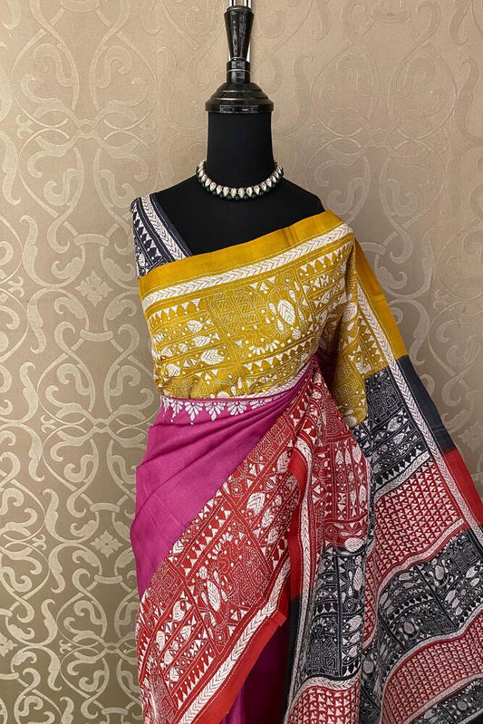 Rani Tussar Embroidery Saree With Kantha Work Border, With Unstitched Blouse