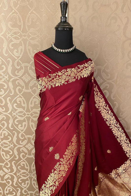 Wine Mashru Silk Banarasi Handloom Saree, With Unstiched Blouse