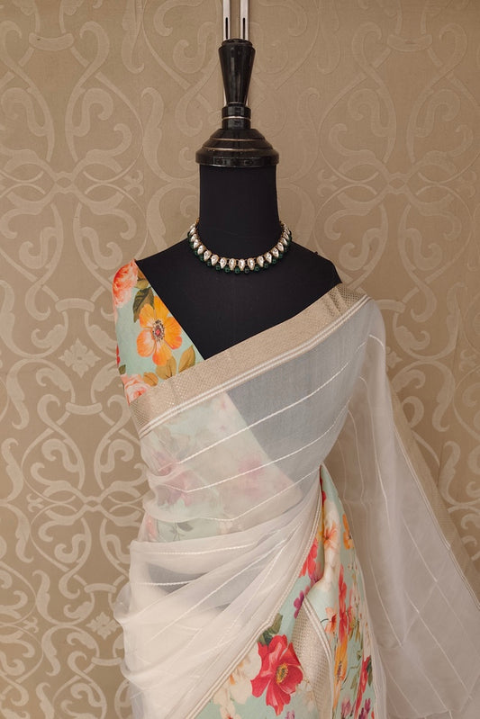Off-White Organza Resham Printed Saree with unstiched blouse, perfect for party wear, from Saarang Sarees.