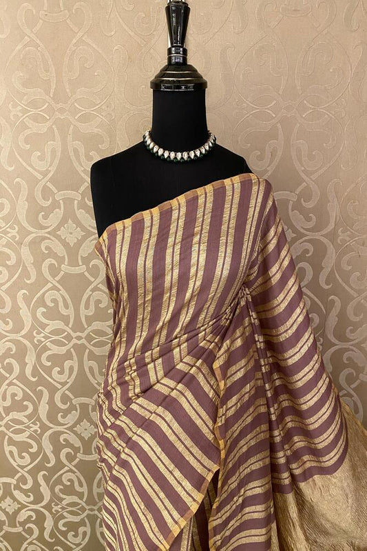 Gold & Brown Zari Stripe Munga Borderless Saree, With Unstiched Blouse
