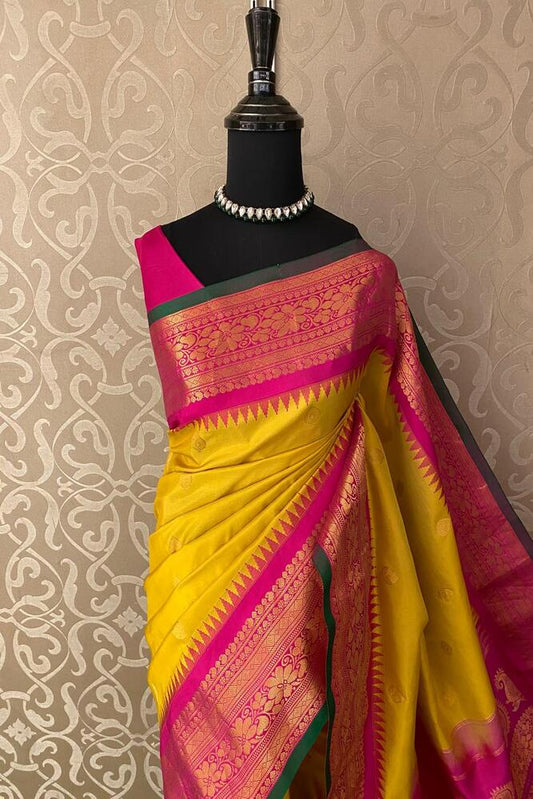 Mustard Yellow Gadwal Silk Sarees With Unstiched Blouse