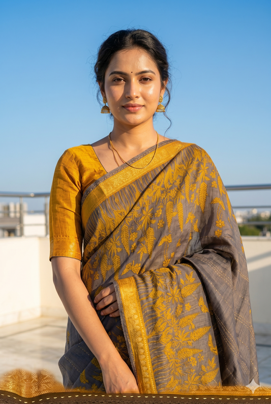 Mustard Yellow Printed Munga Silk Saree, With Unstiched Blouse