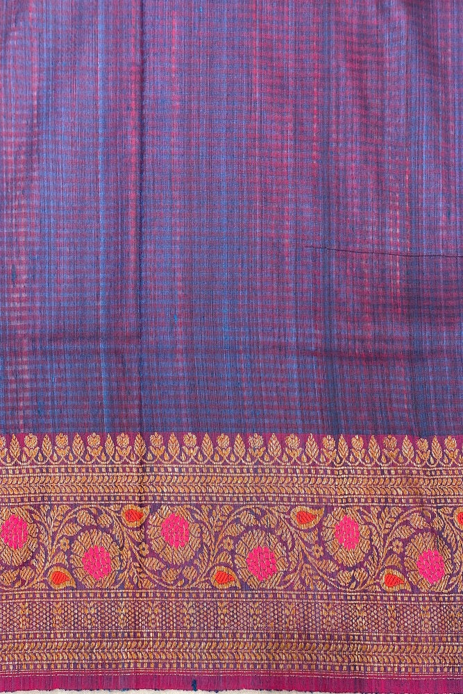 Royal blue dupion tussar silk saree with intricate border and matching unstiched blouse for traditional wear, by Saarang Sarees.