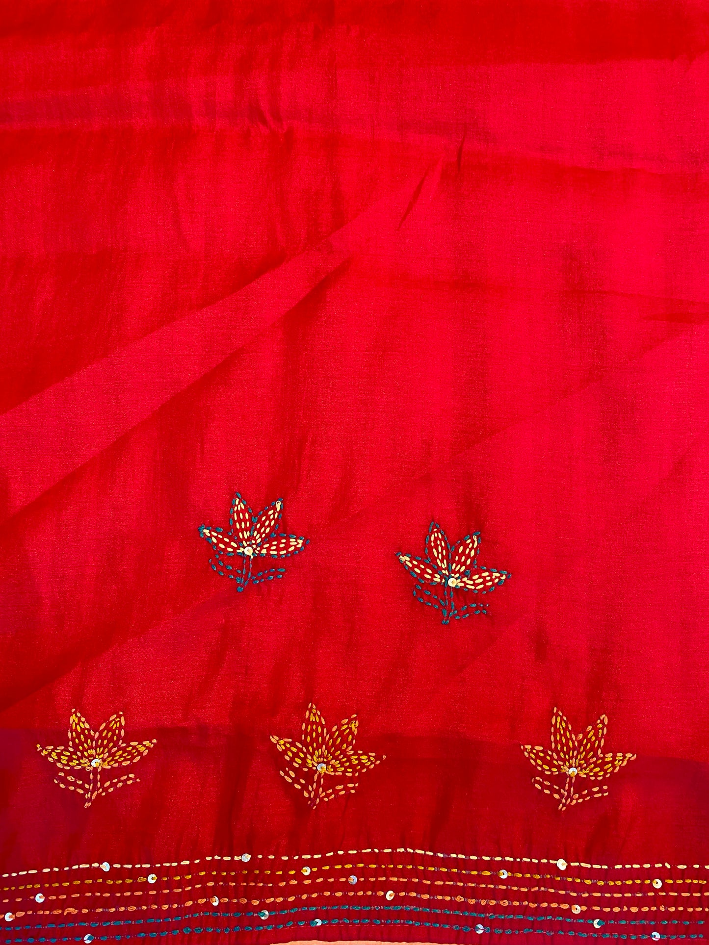 Maroon Semi Munga Silk French Knot Hand Embroidery Work Saree, With Unstiched Blouse