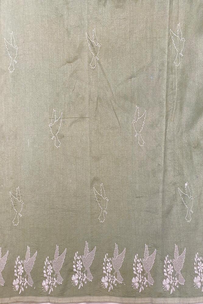 Pista Green Organza Silk Resham Embroidery Saree, With Unstiched Blouse