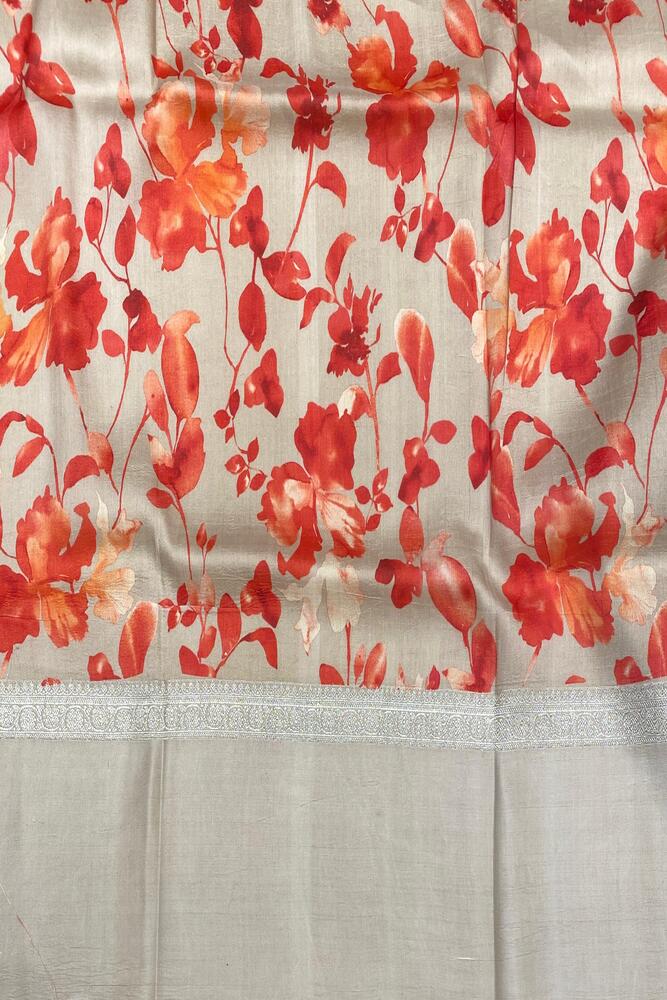 Beige Tussar Banarasi saree with digital mashru border, traditional wear from Saarang Sarees, showcasing intricate gold zari detailing.