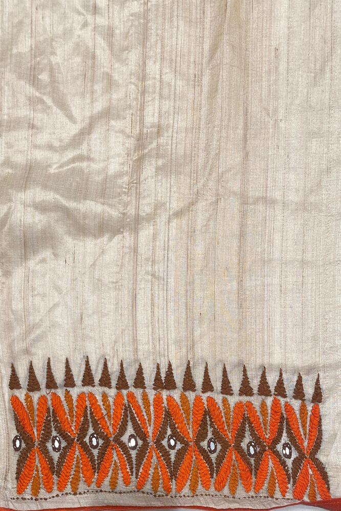 Off-White Tussar Embroidery Saree With Kathiawari Work Border, With Unstitched Blouse
