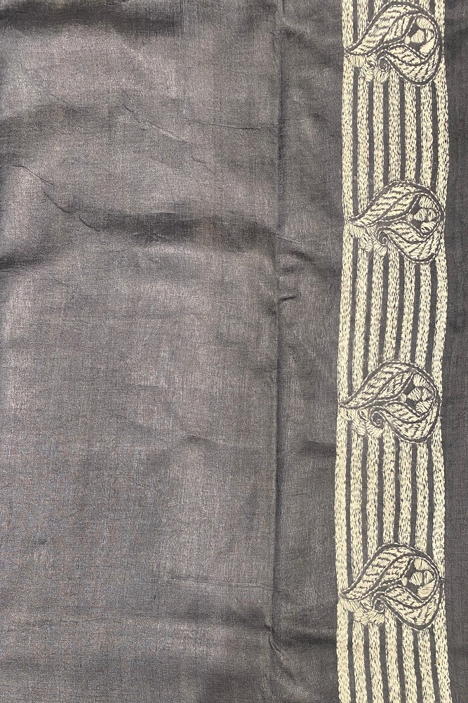 Olive green and burnt orange tussar embroidery saree with Kantha work border and unstitched blouse, traditional wear by Saarang Sarees