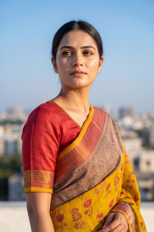 Mustard Yellow Printed Munga Silk Saree, With Unstiched Blouse