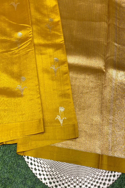 Mustard Yellow Poona Silk Saree Golden Zari Woven Buttas, With Unstich Blouse