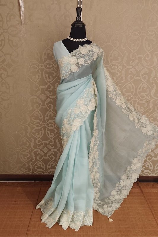 Sky blue Sky Organza Silk Resham Embroidery saree with unstitched blouse, perfect for party wear by Saarang Sarees.