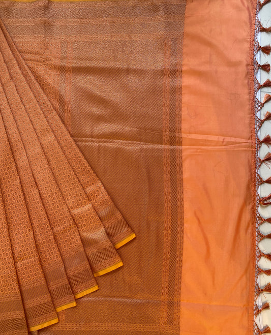 Peach Semi Katan Brocade Silk Saree, With Unstiched Blouse