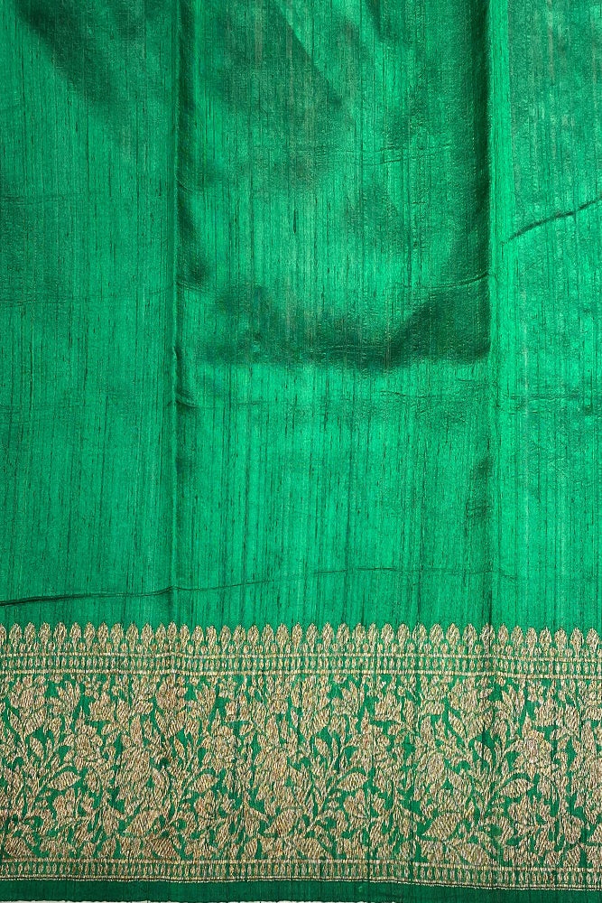 Red pure raw Tussar Banarasi silk saree with handwoven motifs and unstitch blouse, traditional wear by Saarang Sarees.