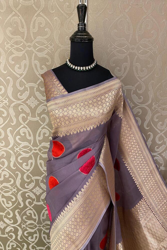 Mauve purple Kora Banarasi silk saree with intricate hand weaving work and unstitch blouse, traditional wear by Saarang Sarees