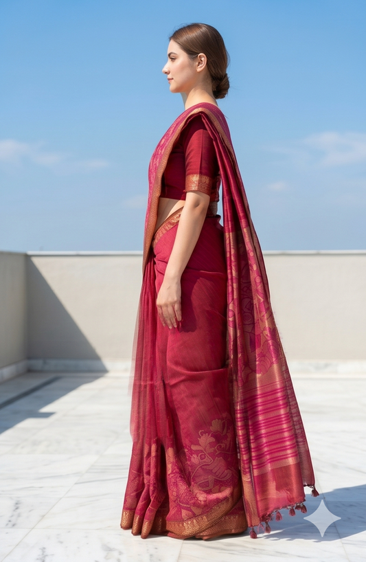 Maroon Printed Munga Silk Saree, With Unstiched Blouse