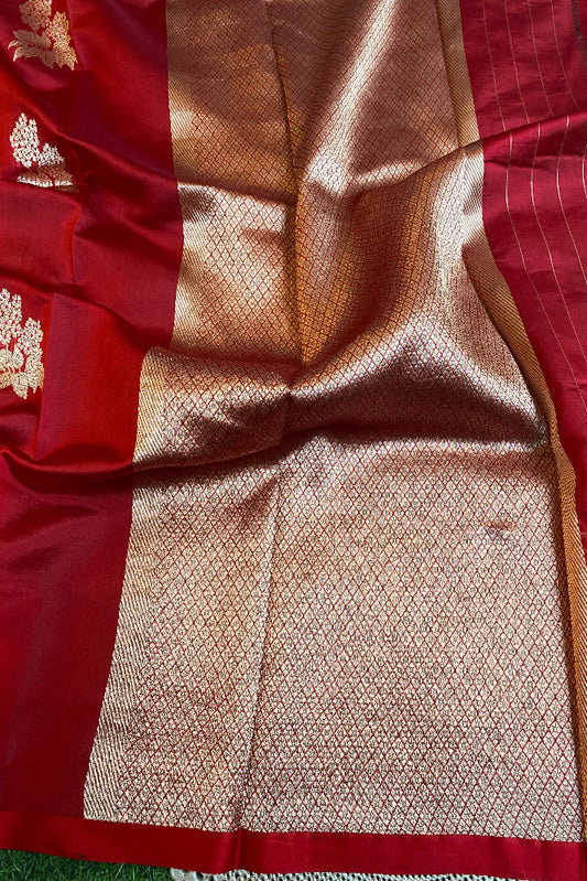Red Poona Silk Saree Golden Zari Woven Buttas, With Unstich Blouse