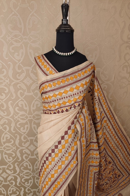 Off-White Tussar Embroidery Saree With Kantha Work Border, With Unstitched Blouse