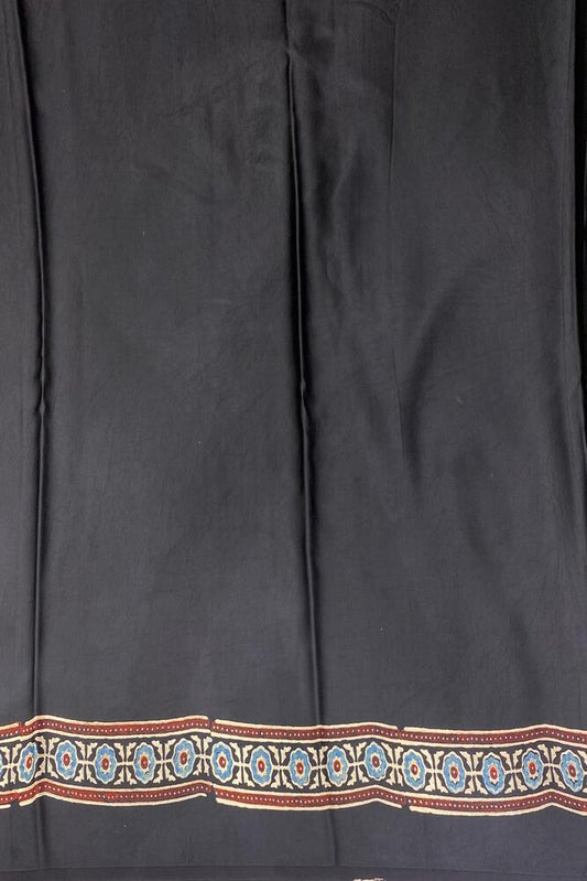 Blue & Black Stripe Pure Modal Silk Ajrakh Printed Saree With Unstiched Blouse