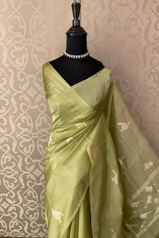 Pista Green Soft Katan Silk Saree, With Unstich Blouse