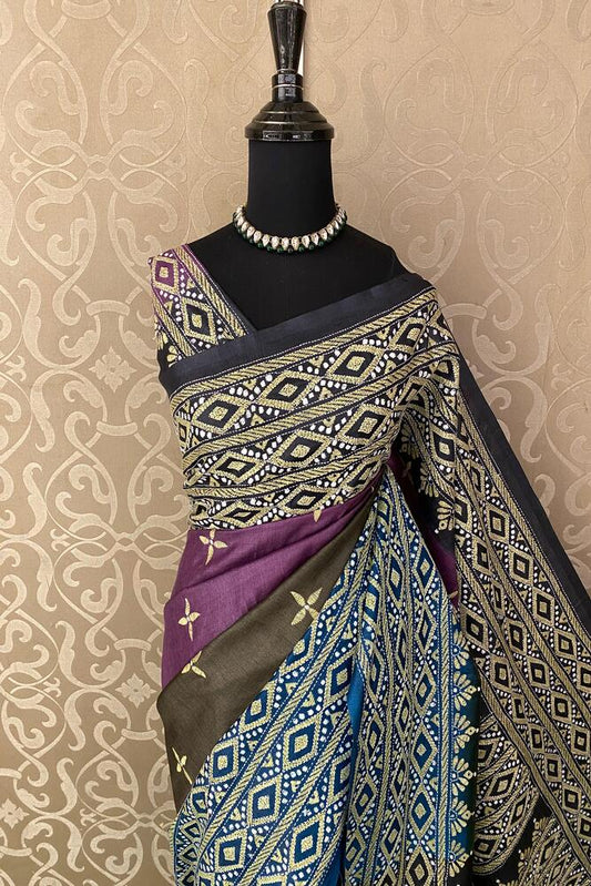 Violet & Grey Tussar Embroidery Saree With Kantha Work Border, With Unstitched Blouse