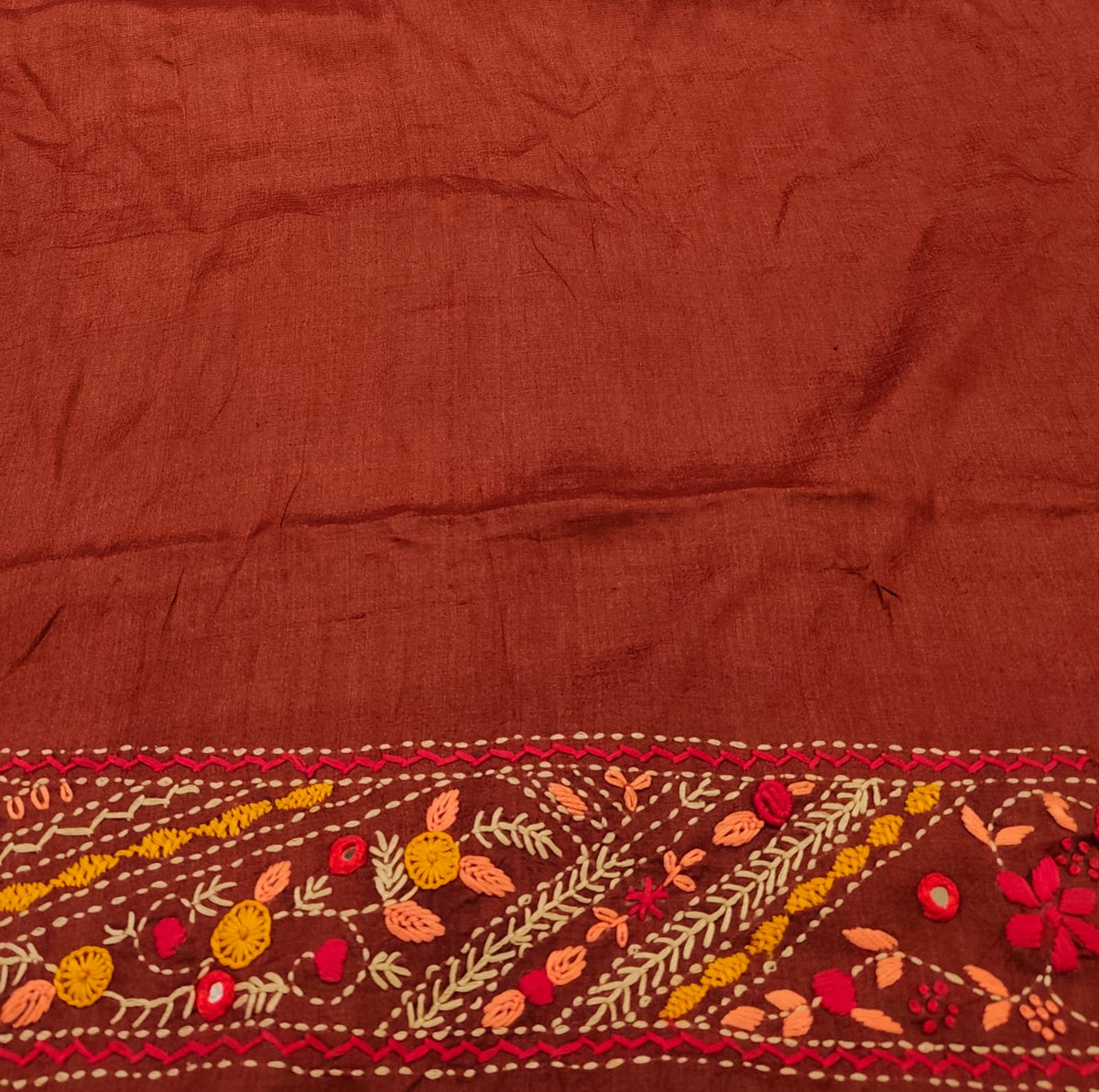 Rust Brown Tussar Embroidery Saree With Lambani Work Border, With Unstitched Blouse