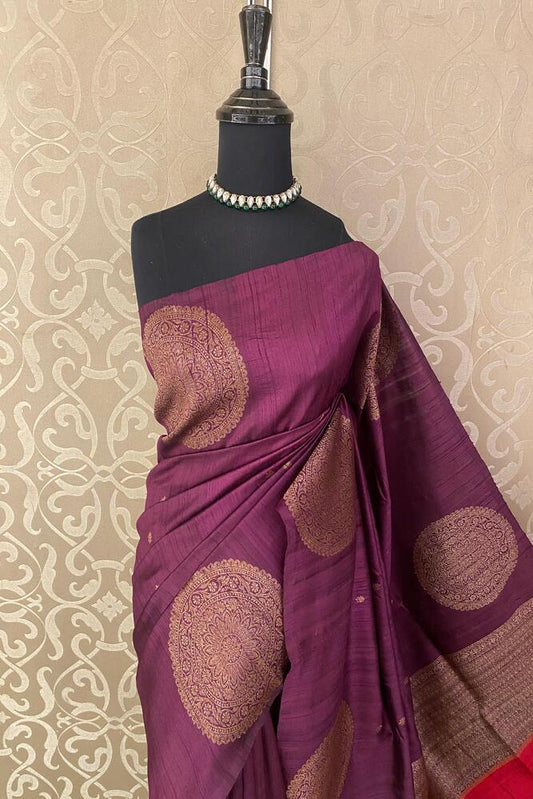 Deep Purple Pure Raw Tussar Banarasi Silk Saree, Hand Woven Motifs With Unstiched Blouse