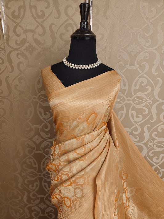Golden Peach Mysore Crepe Silk Banarasi Saree, With Unstiched Blouse