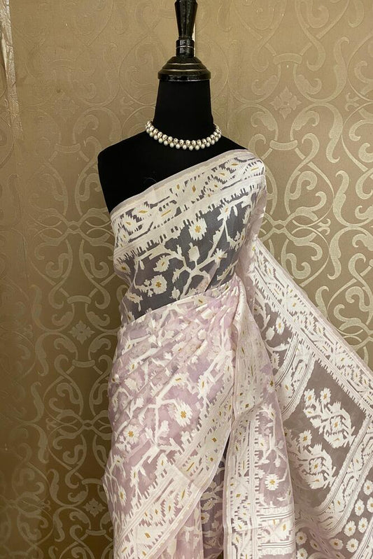 Lavender Muslin Jamdani Saree, With Unstiched Blouse