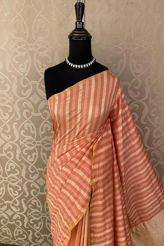 Gold & Peach Zari Stripe Munga Borderless Saree, With Unstiched Blouse
