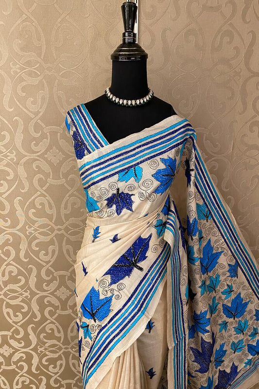 Off-White Tussar Embroidery Saree With Kantha Work Border, With Unstitched Blouse