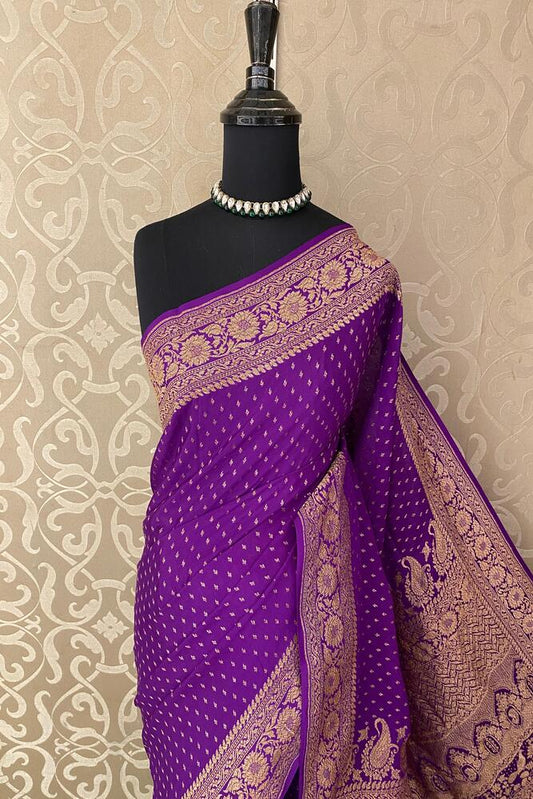 Purple Crepe Khaddi Banarasi Silk Saree With Unstiched Blouse