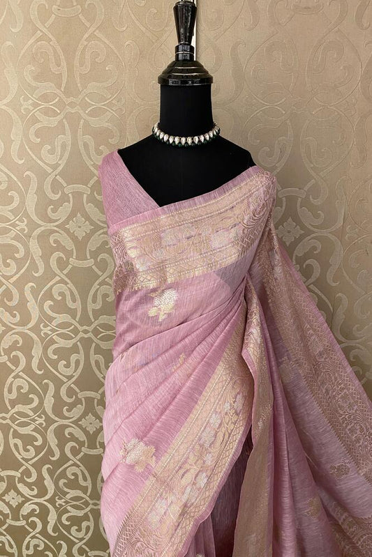 Light Purple Linen Banarasi Saree With Unstiched Blouse