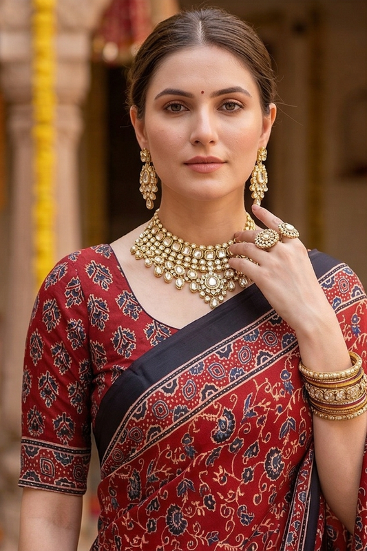 Red Pure Modal Silk Ajrakh Printed Saree With Unstiched Blouse