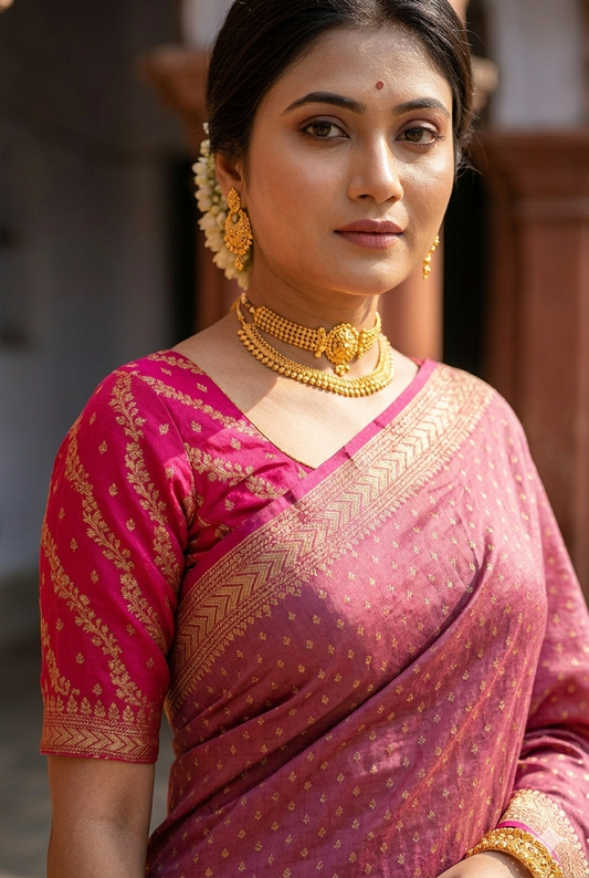 Mauve pink crepe Khaddi Banarasi silk saree with intricate gold zari work and matching unstiched blouse for traditional wear.