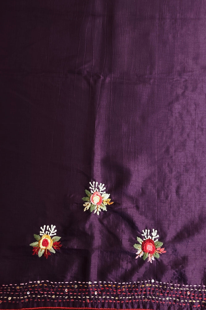 Deep Purple Semi Munga Silk French Knot Hand Embroidery Work Saree, With Unstiched Blouse