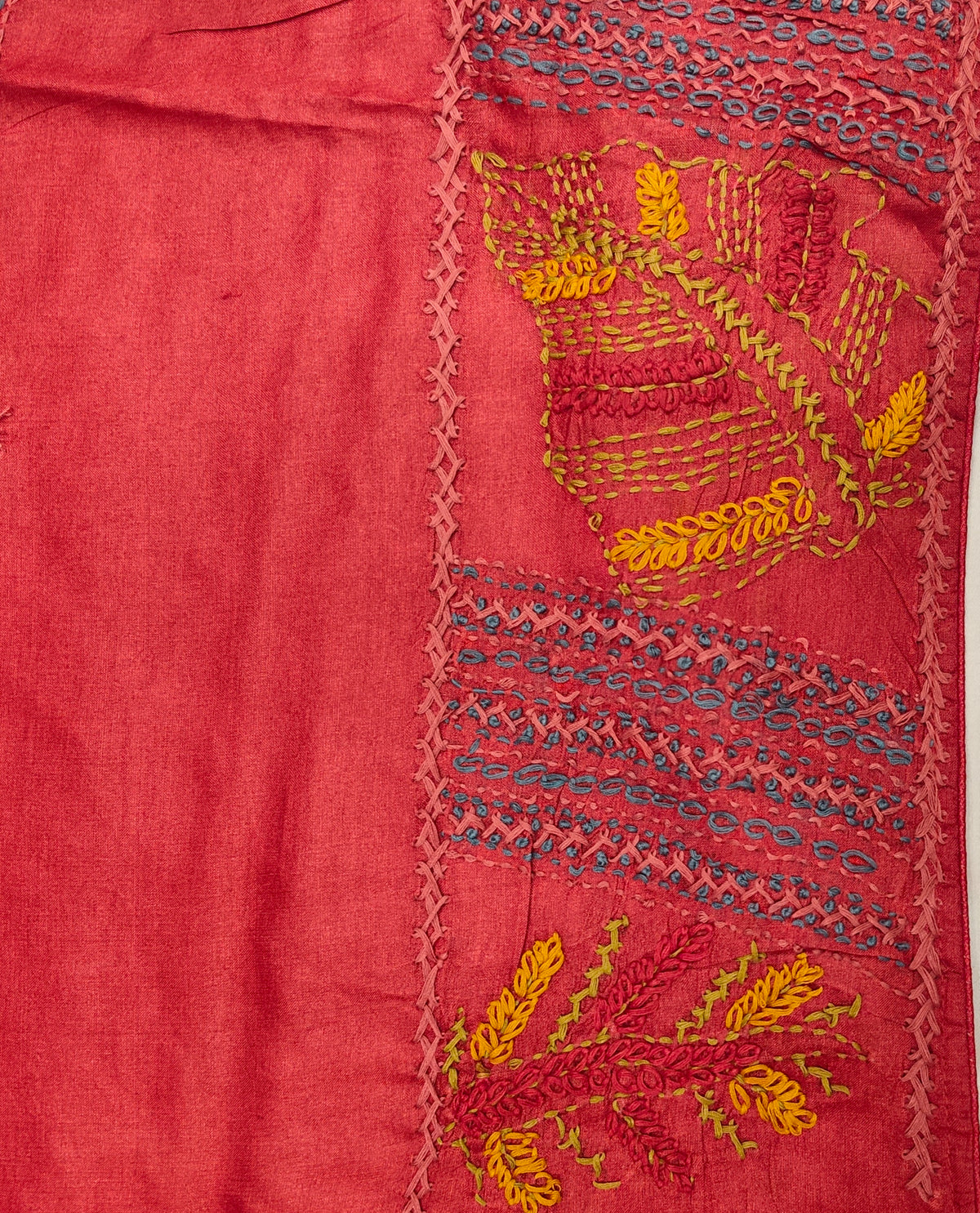 Red Tussar Hand Embroidery Saree, With Unstitched Blouse