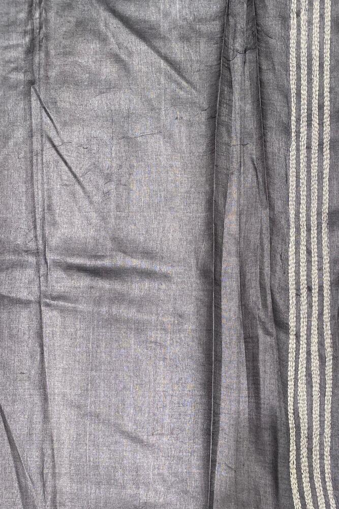 Orange and brown Tussar embroidery saree with Kantha work border from Saarang Sarees, paired with unstitched blouse.