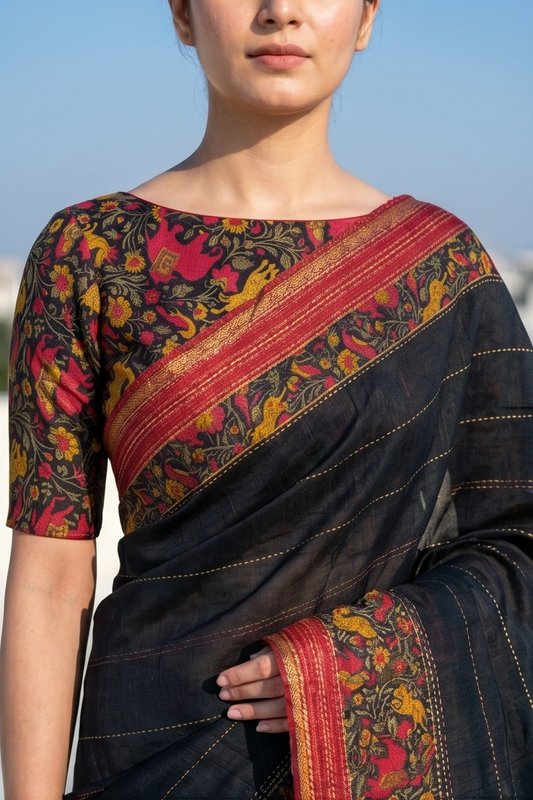 Black Printed Munga Silk Saree, With Unstiched Blouse